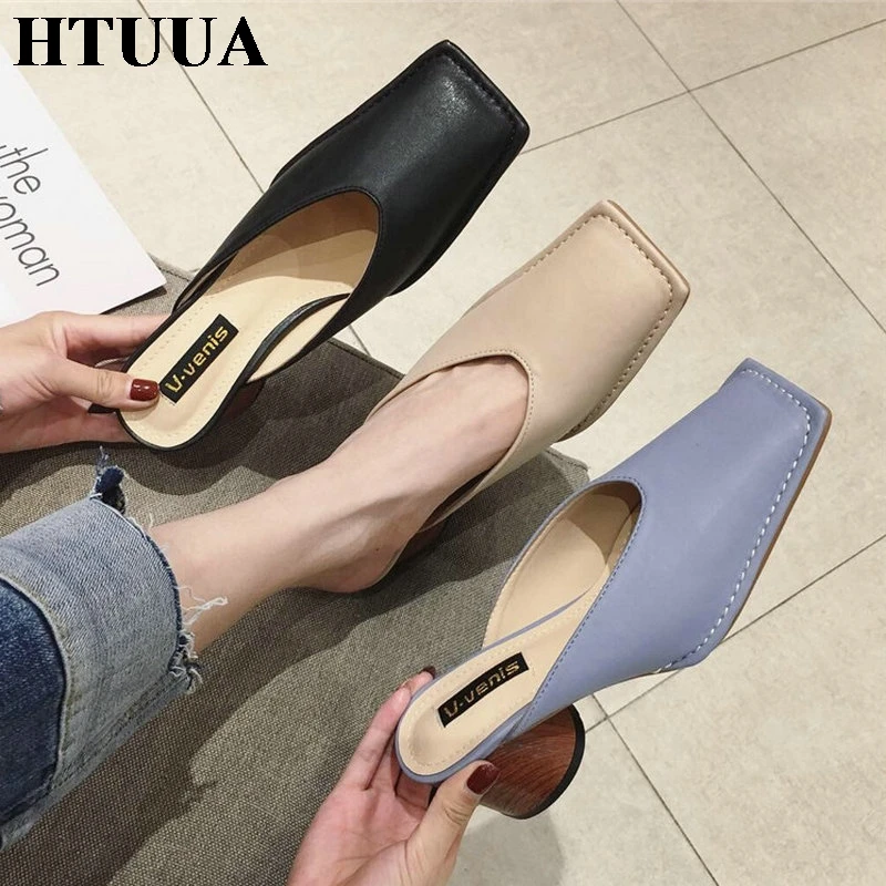 

HTUUA Luxury Heel Slides Women Mules Shoes Woman Square Toe Slippers Wooden Heel Slippers Ladies Mules Female Sandals SX2438