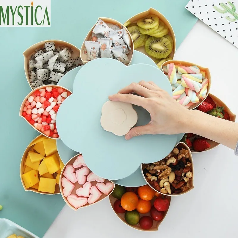 

Flower Petal-shape Candy Storage Box Double Layer Rotary Partition Food Organizer Case Snack Nut Fruit Melon Storage Holder Box