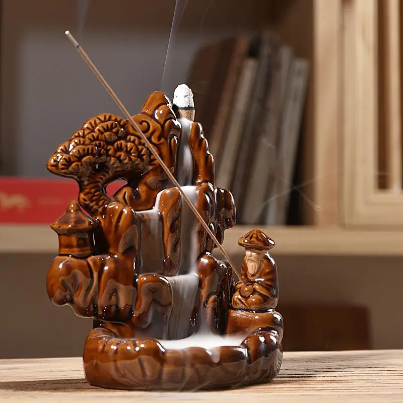 

Mountain Incense Burner Smoke Waterfall Backflow Incense Holder Little Monk Ceramic Censer Mountain River Handicraf Home Decor