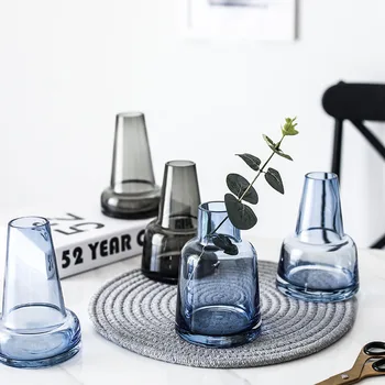 

Blue Gray Transparent Tabletop Glass Vase Hydroponic Container Terrarium Plant Flower Pot Vase Home Room Hallway Office Decor