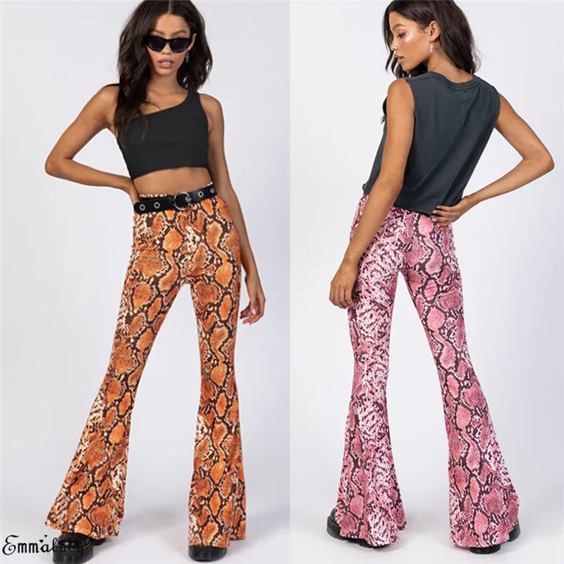 

Women Snake Print Hippie High Waist Wide Leg Flared Bell Bottom Casual Long Pant