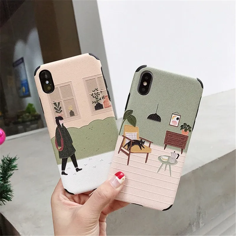 Art illustration Korea Phone Case for iphone XS MAX XR X 7 8 Plus 6 6s Soft Silicon Cover Kawaii Girl with Cat Patterned Cases | Мобильные