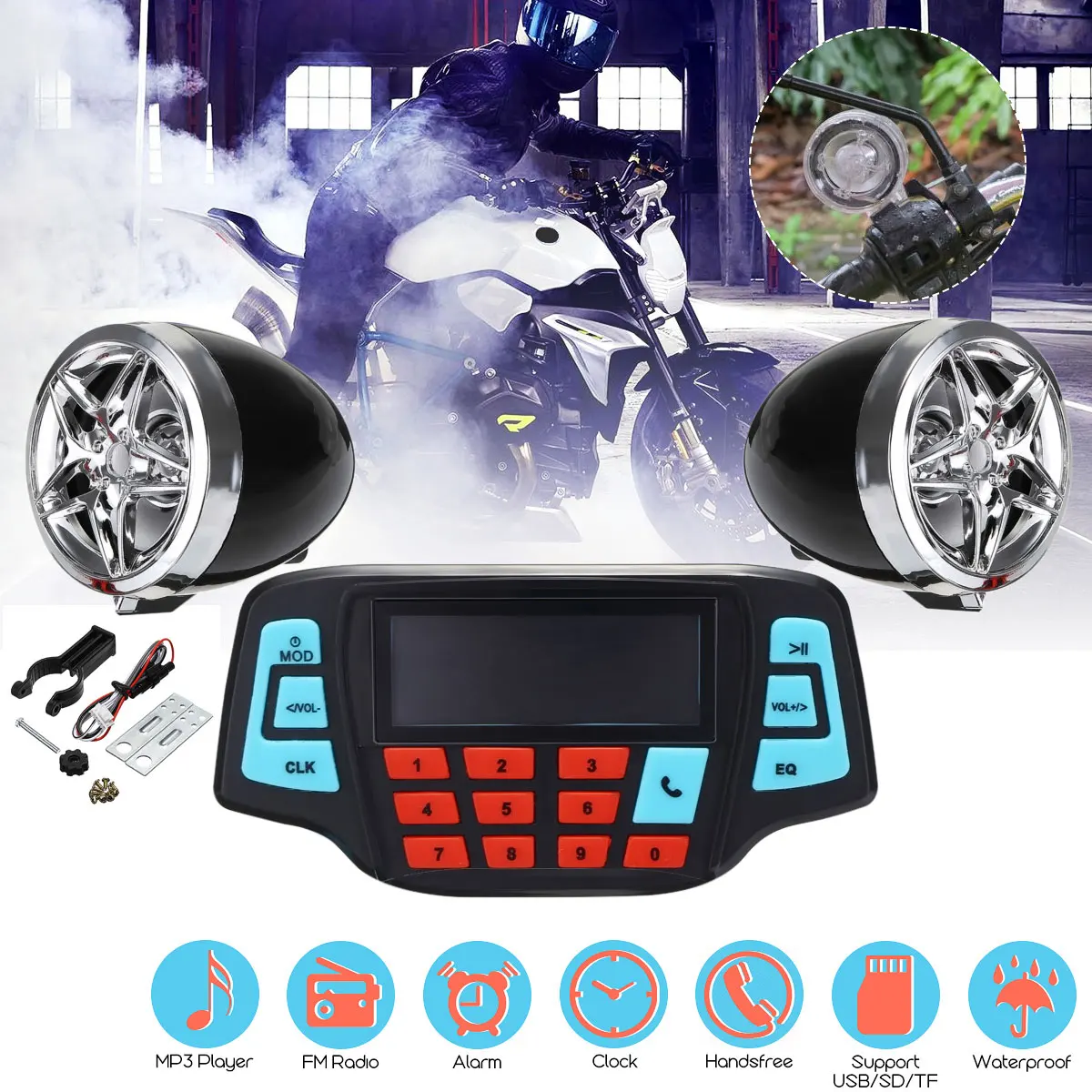 

Motorcycle Studio Audio Sound System Stereo Speakers FM Radio MP3 Music Player Scooter ATV Remote Control Alarm Speaker Scooter