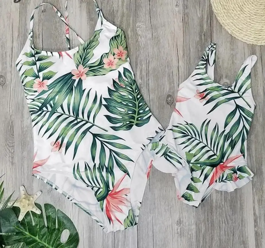 

Family Matching Summer Beach Swimwear Mother Daughter Women Kids Floral One piece Bikini