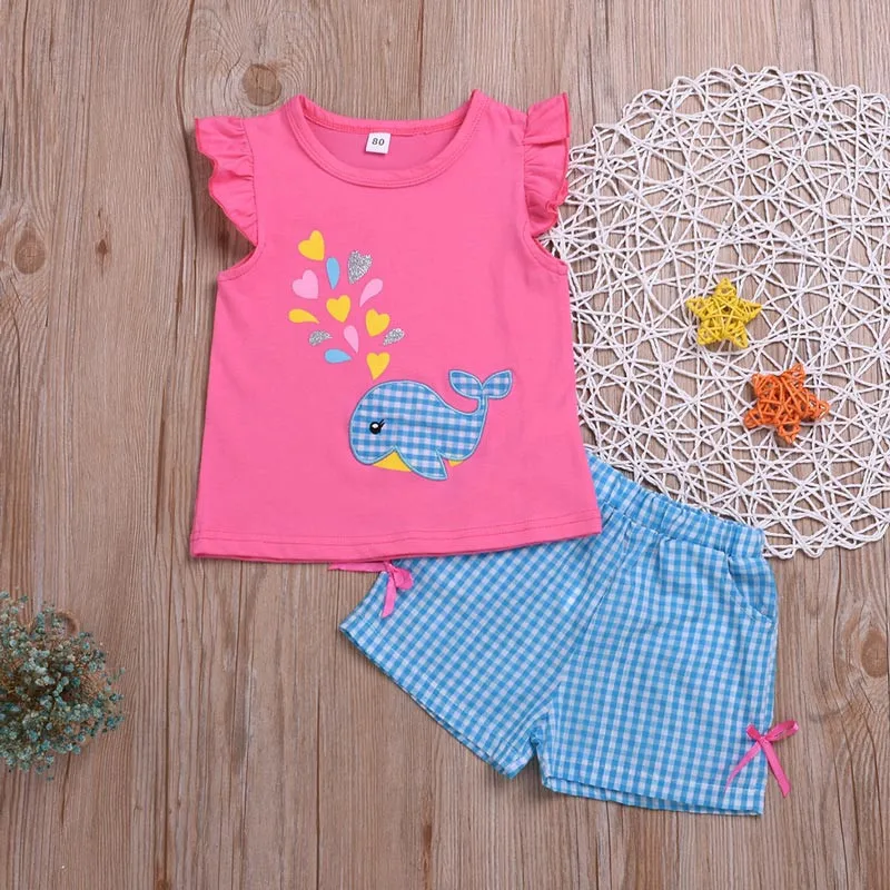 Baby Girls Casual Summer Sets Clothes Whale Print Short Sleeve T-shirt Tops+Plaid Shorts 2Pcs Outfits Cotton Girl Sets