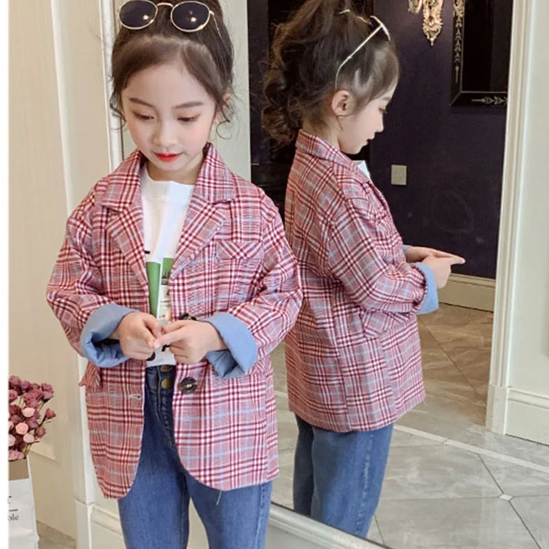 

Spring 2019 Fashion Red Plaid Coats Kids Clothing Teenage Girls Cotton Long Sleeve Jackets Children Outerwear Tops Coat Clothes