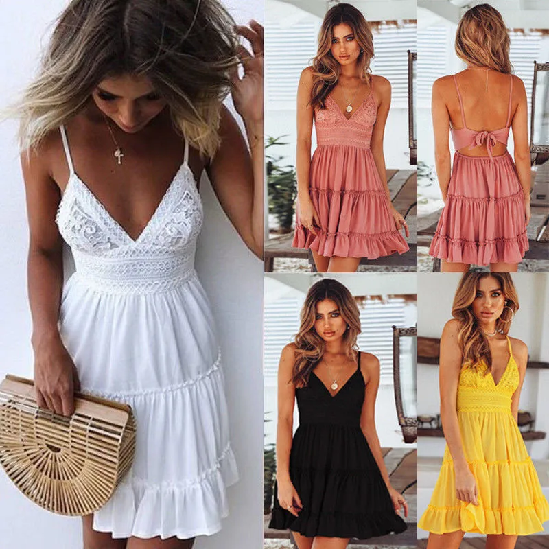 

Sexy V Neck Mini Dress Women Bodycon Lace Spaghetti Strap Female Summer Backless Bow Casual Beach Party Dresses