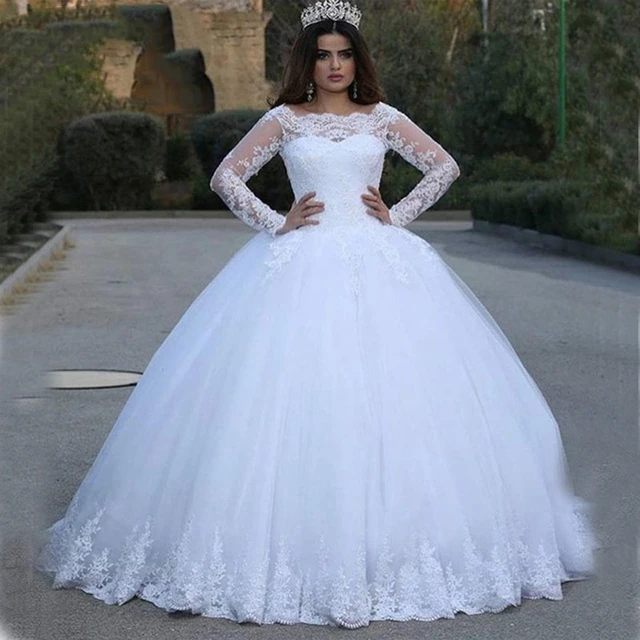 frijoles combinación italiano Vestido de novia musulmán árabe, ropa de boda estilo princesa, manga larga,  con apliques de encaje, a medida, W0134, 2019 _ - AliExpress Mobile