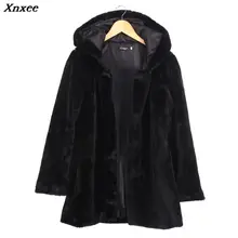 Зимнее теплое пальто из искусственного меха с капюшоном для женщин, повседневное Свободное длинное черное пальто из искусственного меха Xnxee
