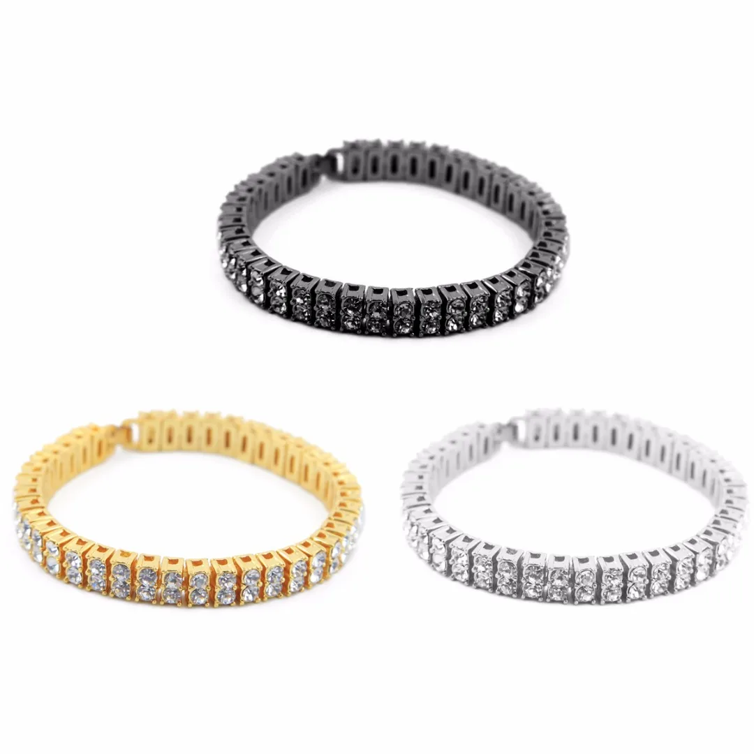 

Men CZ Iced Out Hip Hop Bracelet Bangle Statement Charm 2 Rows Bling Rhinestone Hand Chain Shellhard New Fashion Jewelry Unisex