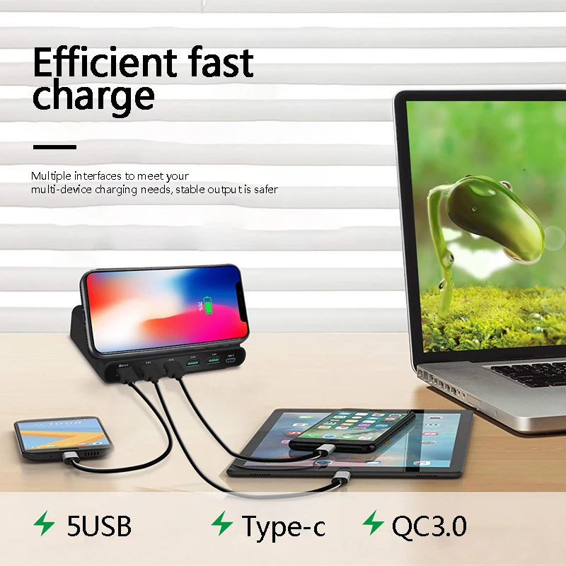 

Three-in-one Fast Wireless Charger Multi-port USB QC3.0 Fast Charge Wireless Charging Mobile Phone Bracket Charger US EU UK Plug