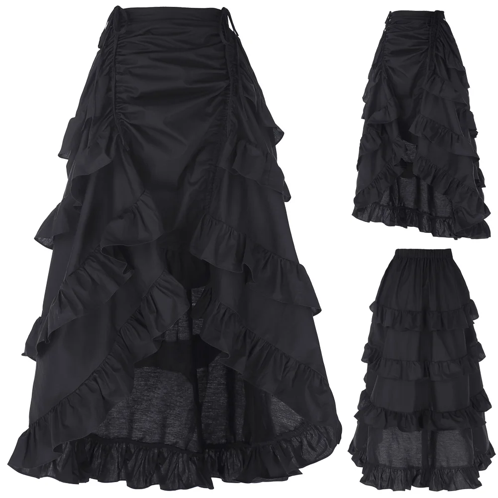 BP высокая низкая юбка Женская Ретро одежда винтажный, готический, в стиле панк Рок костюм Хлопок рюшами Декор Высокая талия длинная юбка Макси Черный