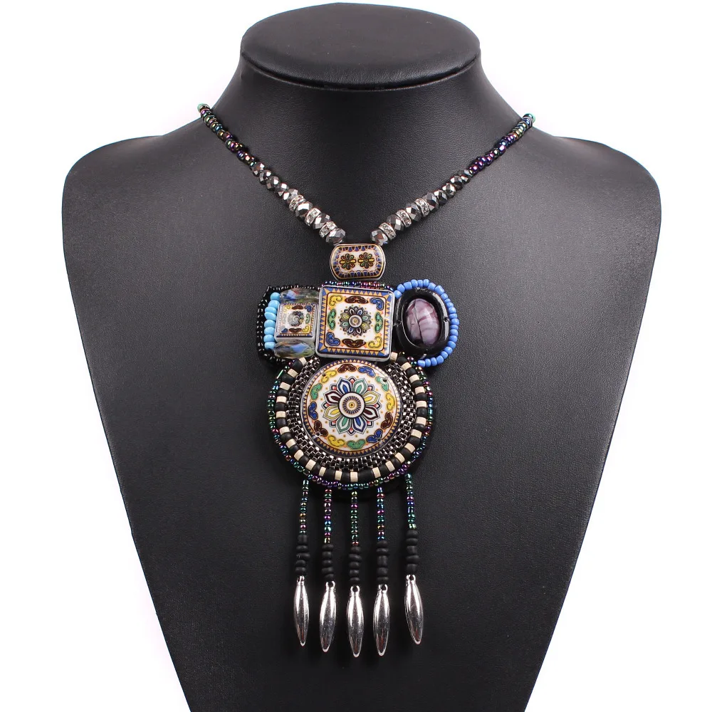 

2019 New Design Model Fashion Vintage Antique Colorful Enamel Flower Pendant Necklace For Women Choker Collar Bead Jewelry