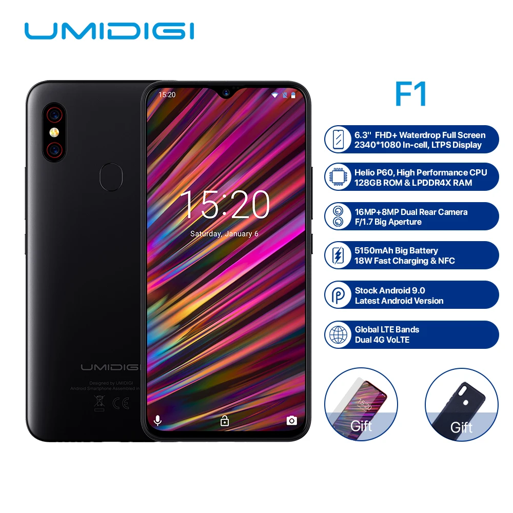 UMIDIGI F1 4G Phablet телефон 6,3 дюймов Android 9,0 Восьмиядерный 2,0 ГГц 4 Гб ОЗУ 128 Гб ПЗУ 5150 МП фронтальная камера мАч смартфон