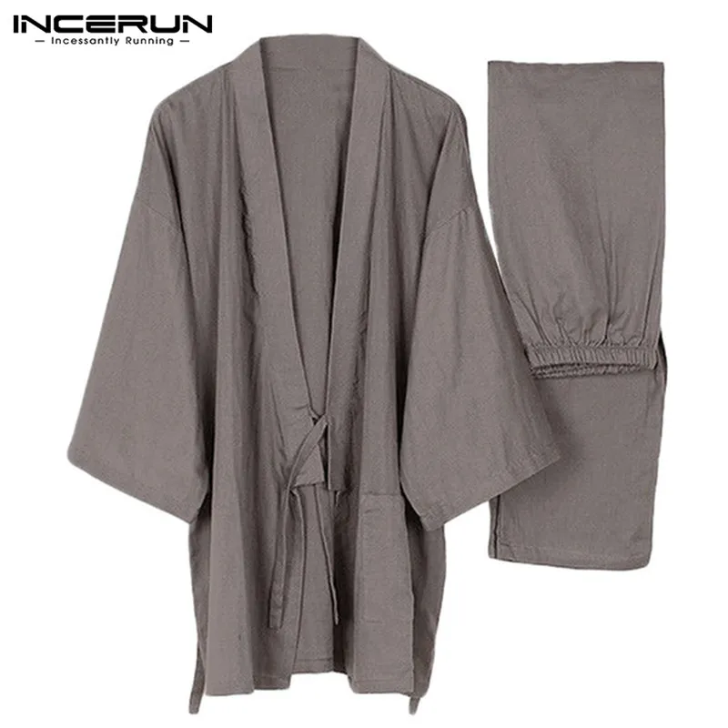 Men Kimono Pajamas Set Pants & Tops Homewear Cotton Nightwear Japanese Style Solid Casual Vintage Sleepewear Men Kung Fu Clothes