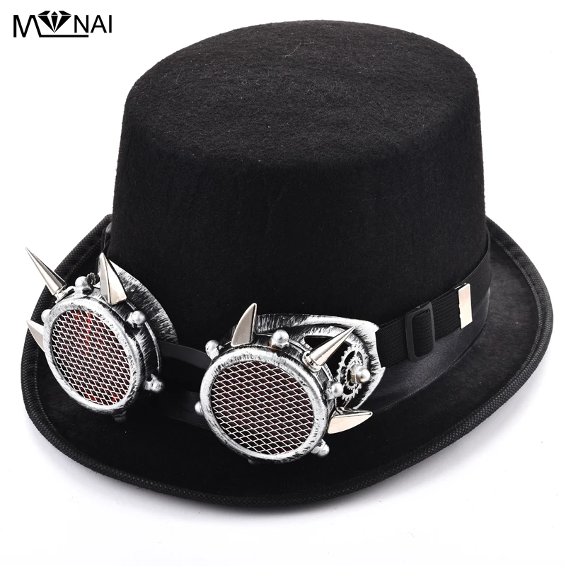 

Steampunk Top Hat Women Men Top Fedora Hat With Goggles Magician Steampunk With Spikes Gear Glasses Cosplay Punk Party Accessory