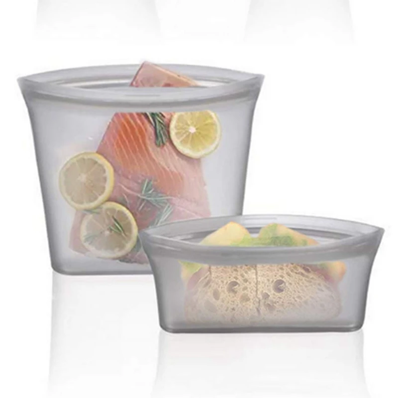 

2Pcs Silicone Food Storage Containers Zip Top Leakproof Containers Reusable Stand Up Zip Shut Bag Cup Fresh Bag Food Storage B