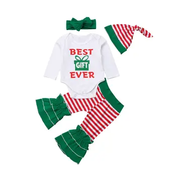 

Christmas Newborn Baby Girl Outfit BEST EVER GIFT Romper Top Striped Ruffles Pant Warm Hat Bows Headband 4PCS Xmas Clothes Set