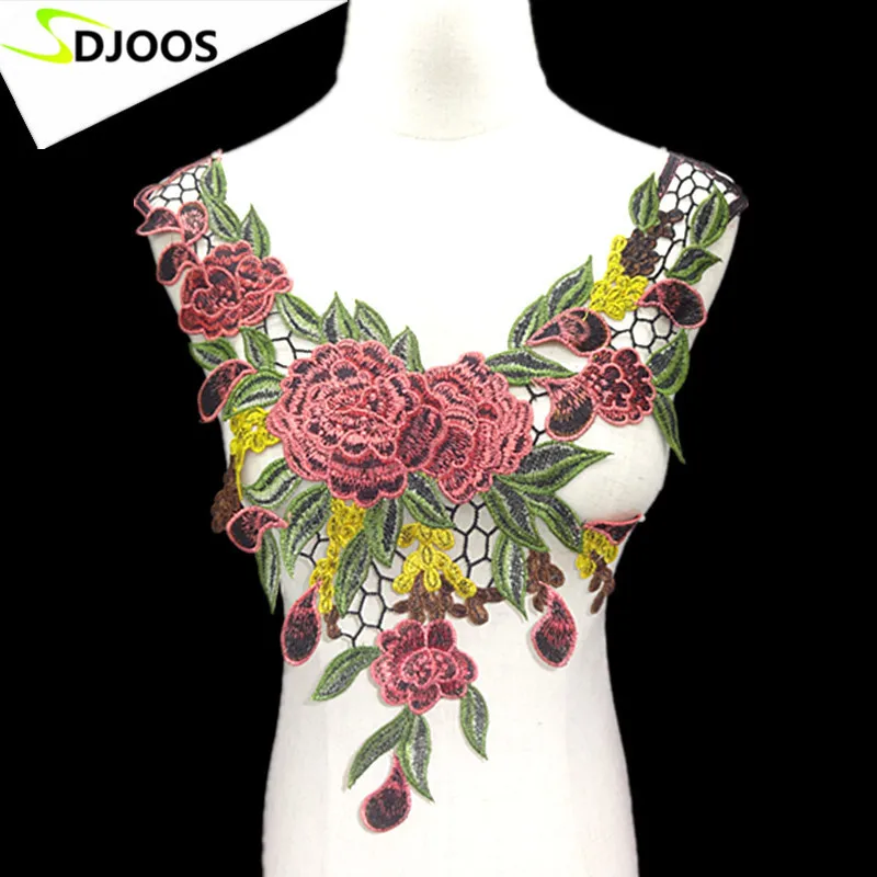 1pc 3d Neckline Lace Fabric Applique Trim Polyester Material Colorful