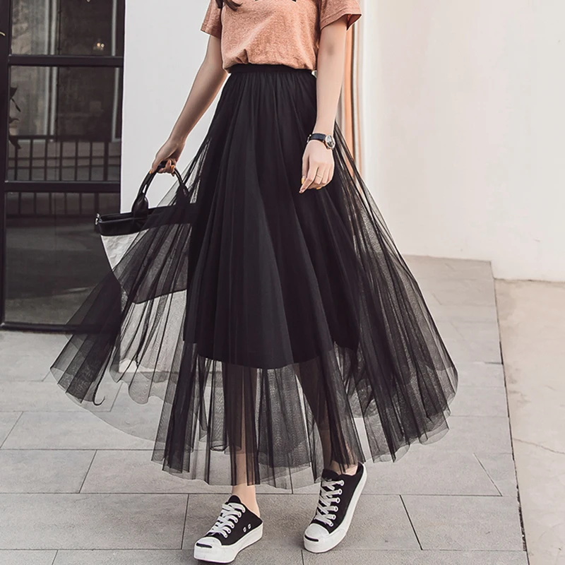 VGH Summer Solid Casual Skirt For Women Mesh Perspective High Waist Midi Pleated Skirts Female Fashion New Tide 2019 VGH Summer Solid Casual Skirt For Women Mesh Perspective High Waist Midi Pleated Skirts Female Fashion New Tide 2019
