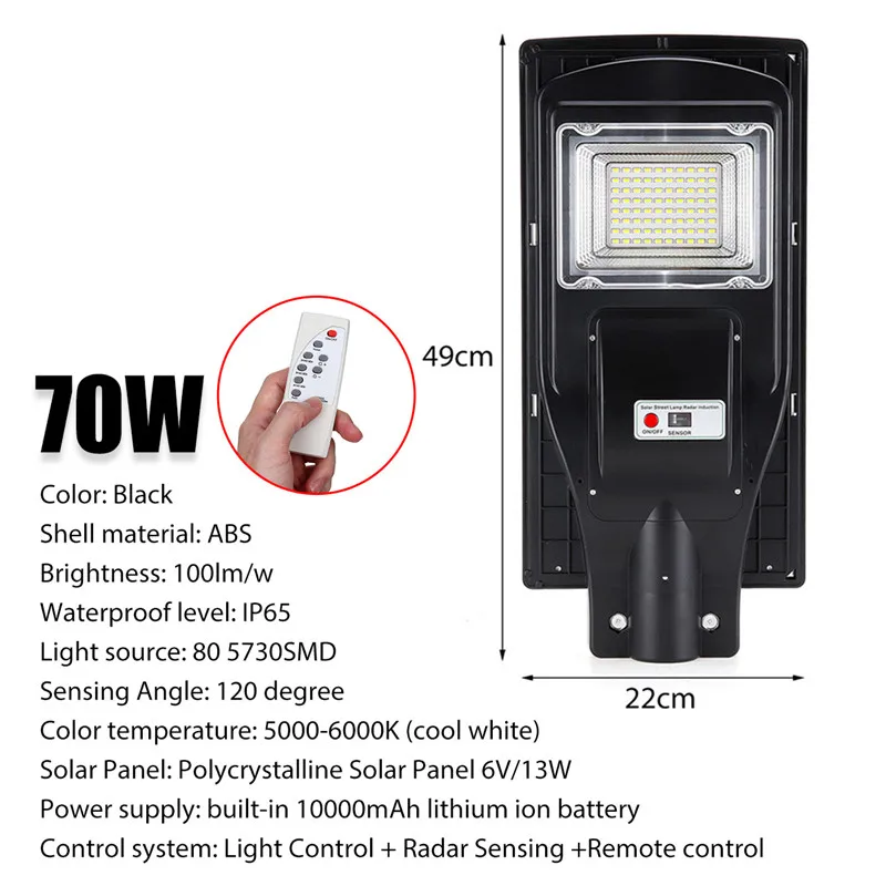 

70W Led Solar Street Wall Lamp Light+Radar Sensing+Remote Control 80leds Solar Light Waterproof For Home Garden Fence Outdoor