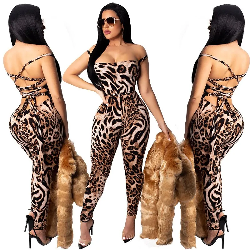 2019 New Women Sexy Leopard Print Jumpsuit Skinny Slash Neck Cross Lace Up Spaghetti Strap Jumpsuits Backless Long Rompers 2019 New Women Sexy Leopard Print Jumpsuit Skinny Slash Neck Cross Lace Up Spaghetti Strap Jumpsuits Backless Long Rompers