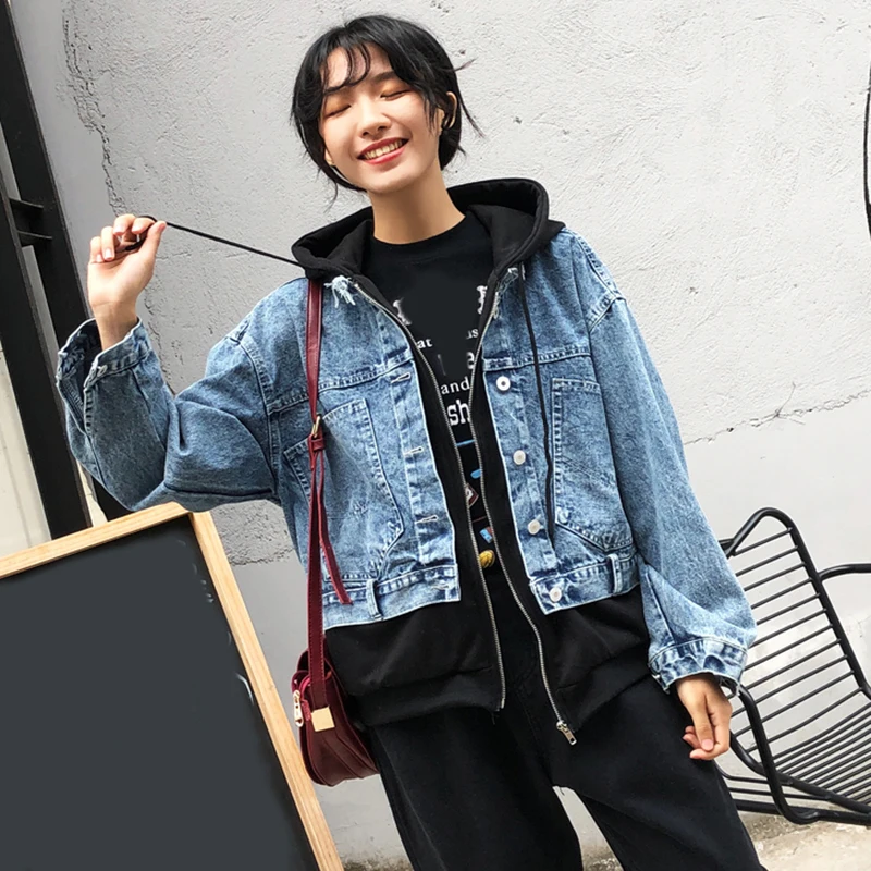 Jq282 Mode 2019 gray Marée D'été Grande Printemps eam Couleur De white Commune Denim Manteau Fendue Nouveau Bleu Black Femmes Color Veste Capuchon Hit Manches Taille pink À Longues wBSdRqd