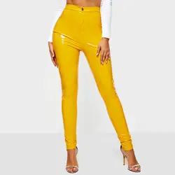 Зимние брюки из искусственной кожи женские толстые флисовые теплые желтые уличные эластичные с высокой талией повседневные брюки горячие