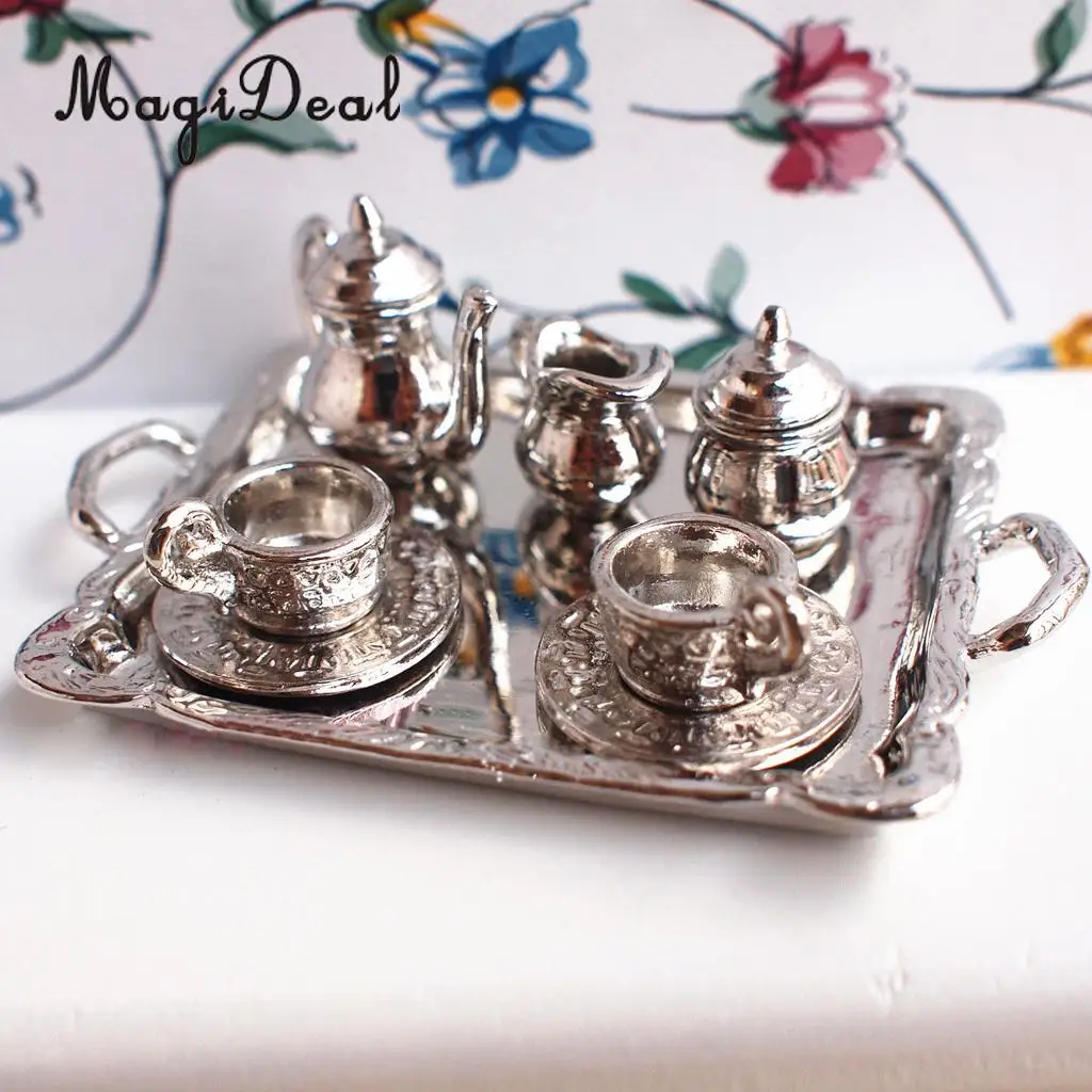 

10Pcs Silver Alloy Tea Lid Pot Cups Tray Set for 1:12 Dollhouse Miniature Doll Home House Model Furniture Decor Accs