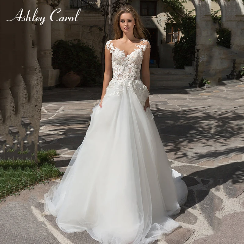 

Ashley Carol Appliques A-Line Wedding Dress 2019 V-neck Sleeveless Court Train Illusion Backless Bridal Gown Vestido de Novia