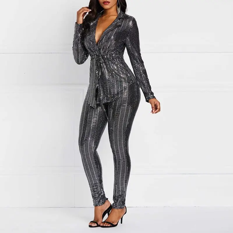 Fashion Women Blazer Set Silver Sequins Casual Coat Skinny Pants 2 Piece Street Office Elegant Lace Up Slim Spring Ladies Suits Fashion Women Blazer Set Silver Sequins Casual Coat Skinny Pants 2 Piece Street Office Elegant Lace Up Slim Spring Ladies Suits