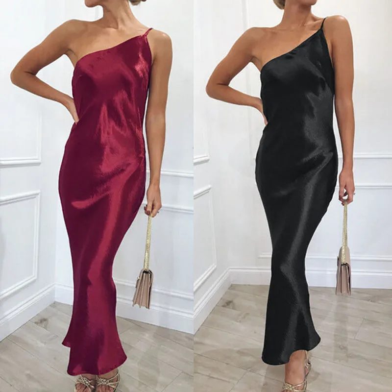 

Women's One Shoulder Satin Formal Dress Lady Bodycon Sleeveless Party Long Dresses Solid Color Female Slim Dress Ankle-Length