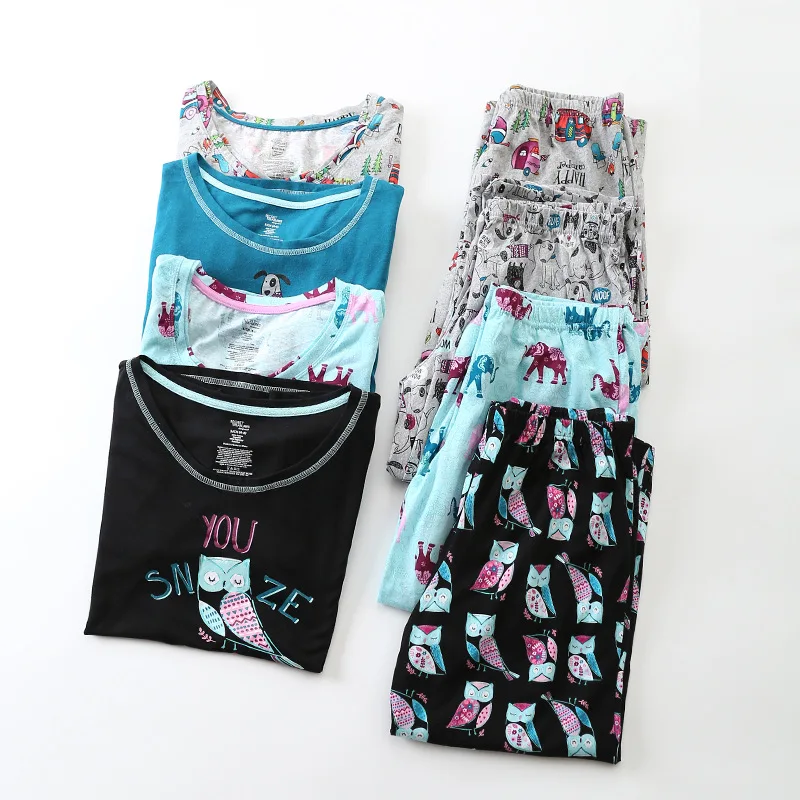 Трикотажный пижамный комплект размера плюс из хлопка, летняя Пижама с коротким рукавом, укороченные штаны, одежда для сна, мультяшная Пижама, женская пижама, 2 предмета