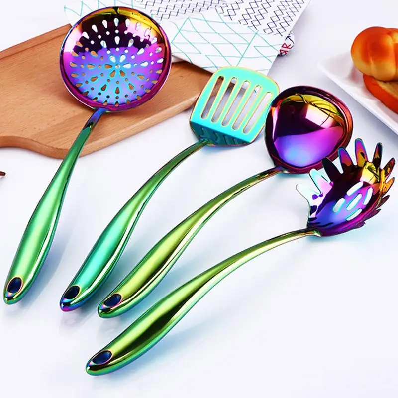 

Colorful Spatula Turner Spaghetti Server Slotted Soup Ladle Skimmer Spoon Set Rainbow PVD Coated Utensil Tool For Kitchen