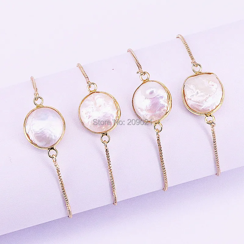 

10Pcs Trendy Charm Round Pearl Chain Bracelet Jewelry Gold Color Nature Pearl connector Bracelets in adjustable size