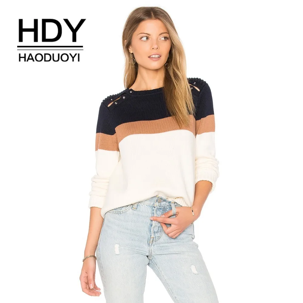 

HDY HAODUOYI Fashion Simplicity New Arrival Sweet Academic Style Color Collision Splicing Leisure Long Sleeves Sweater