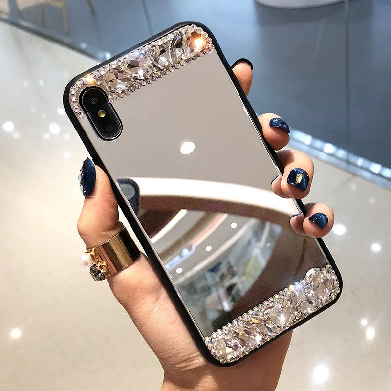 

Tempered Glass Mirror Rhinestone Phone Case For Oppo Reno 6.4inch F9 K1 R15X A7X A7 Cobar Handmade Makeup Diamond Phone Fundas