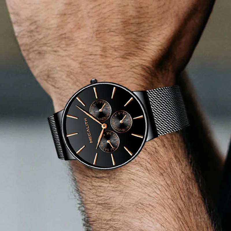 MEGALITH Fashion Sport Wrist Watches Mens Waterproof Black Steel Strap Mesh Date Calendar Untra Thin Design Quartz Watches Gents MEGALITH Fashion Sport Wrist Watches Mens Waterproof Black Steel Strap Mesh Date Calendar Untra Thin Design Quartz Watches Gents