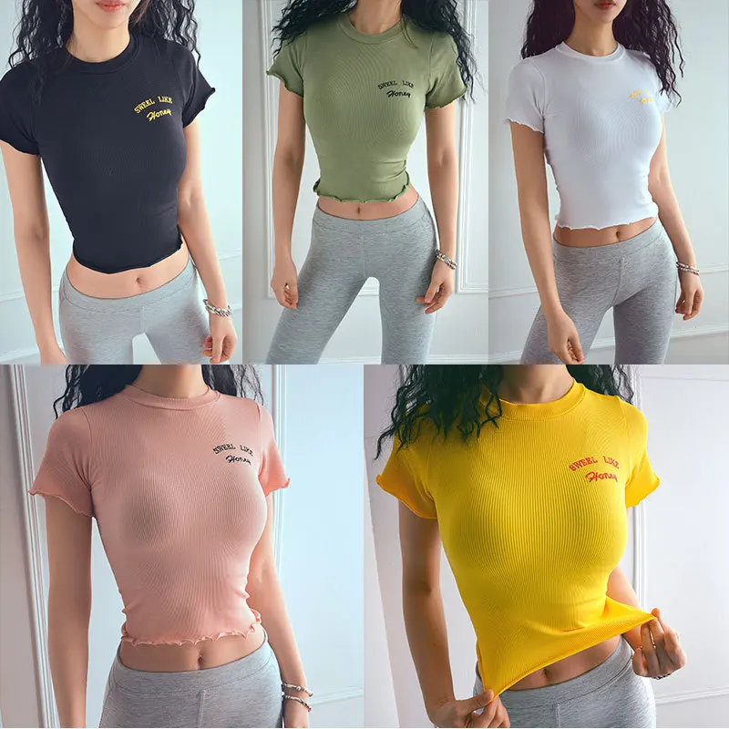 

Active Women Lumbar Women Yoga Sport Top Tight O-neck Letters Mujer Lace Push Up Tee Fitness Gym Femme Running Clothes Workout