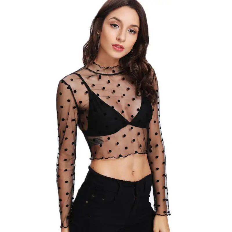 

Sexy Women See Through Dot Print Sheer Long Sleeve Midriff High Neck Tops Blouse Lace Shirt