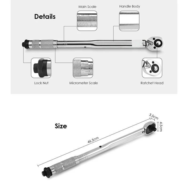 1/2 Inch 28-210 N.M Adjustable Micrometer Torque Wrench Hand Tool Multifunctional Drive Torque Ratc
