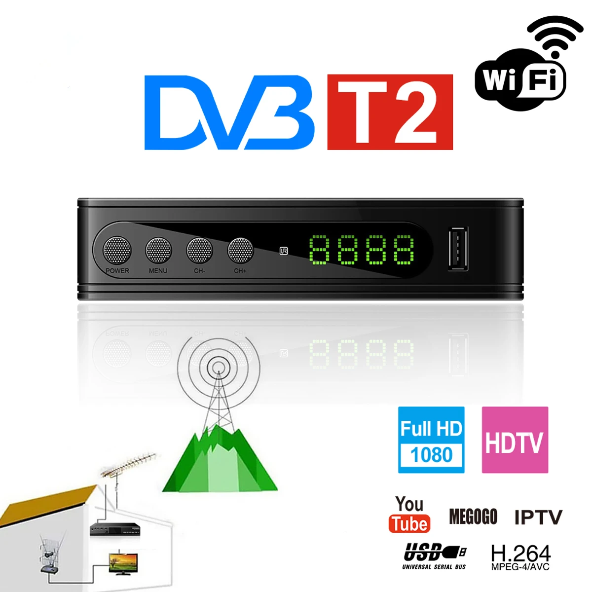 USB2.0 DVB T2 ТВ тюнер Wi-Fi DVB-T2 приемник Full-HD 1080 P Digital Smart поддержка ТВ-коробок MPEG H.264 Встроенный Русский Руководство