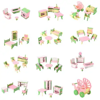 

3D Dolls House Set Miniature House Kids Child Pretend Play Toys Building Blocks Edutation Toys Sets Baby Wooden Dolls Furniture