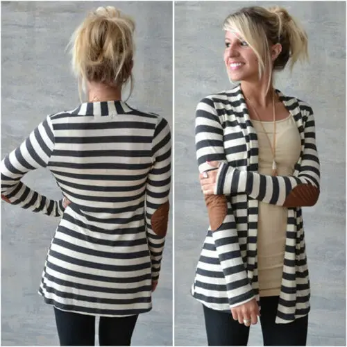 Women Casual Knitted stripe Long Sleeve Sweater Cardigan Coat  Jacket