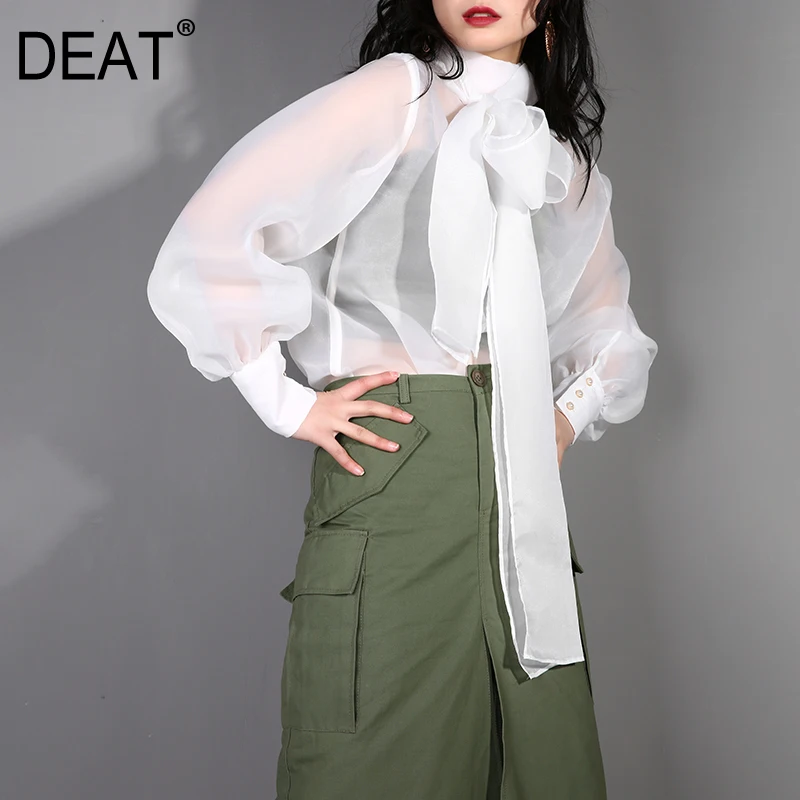 

[DEAT] 2019 New Spring Summer Stand Collar Long Sleeve Bandage Bow Organza Stitch Perspective Shirt Women Blouse Fashion WD35