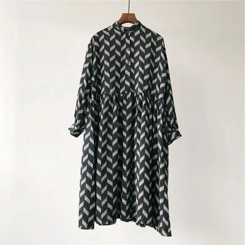 

Daily Apparel Long Sleeve Dress 2019 Spring Fashion Casual Stand Neck Geometric High Waist Base Midi Chiffon Dress for Women