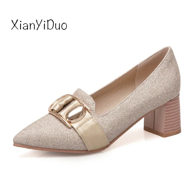 

Xianyiduo 2019 Spring new Women's Shoes pointed toe med heels Pumps big plus size 40-50 shallow Purple Gold Silver/ T356