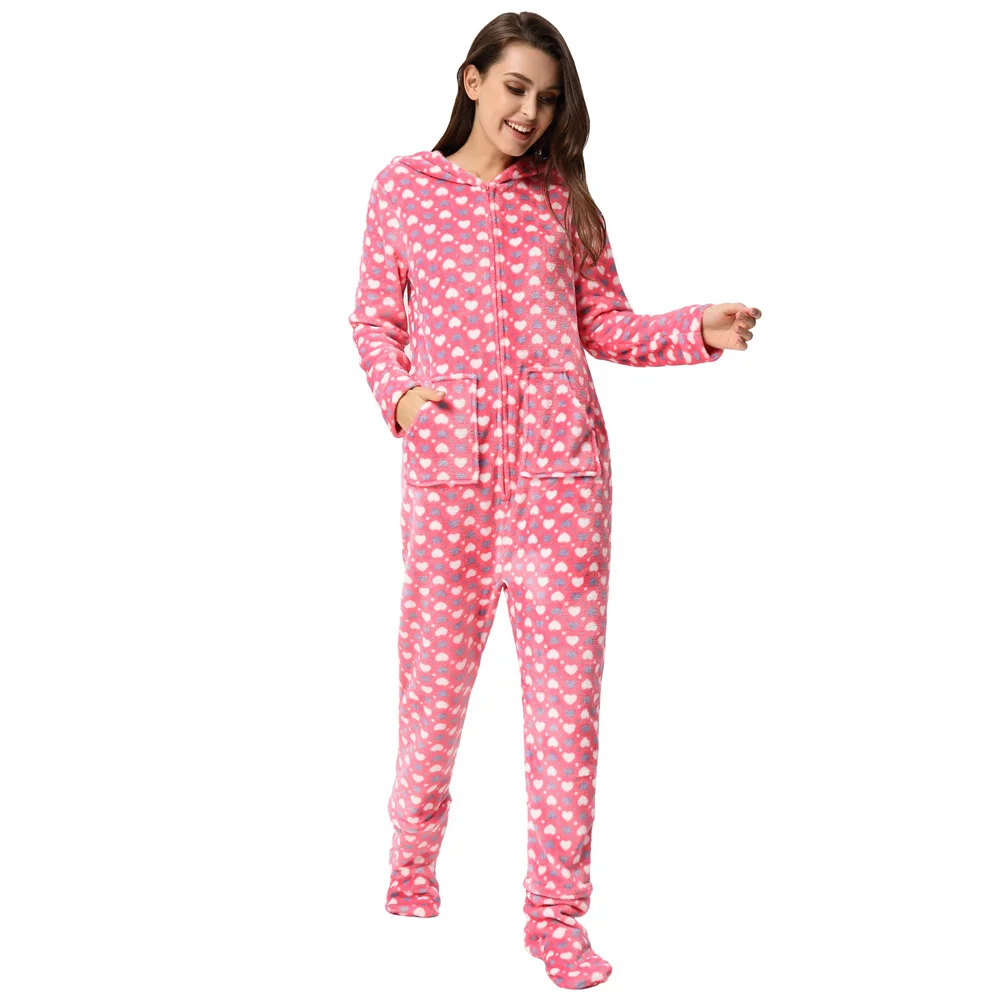 

Women's Sleepsuit Sweetheart Pattern Warm Onesie Hooded Pajamas Footed