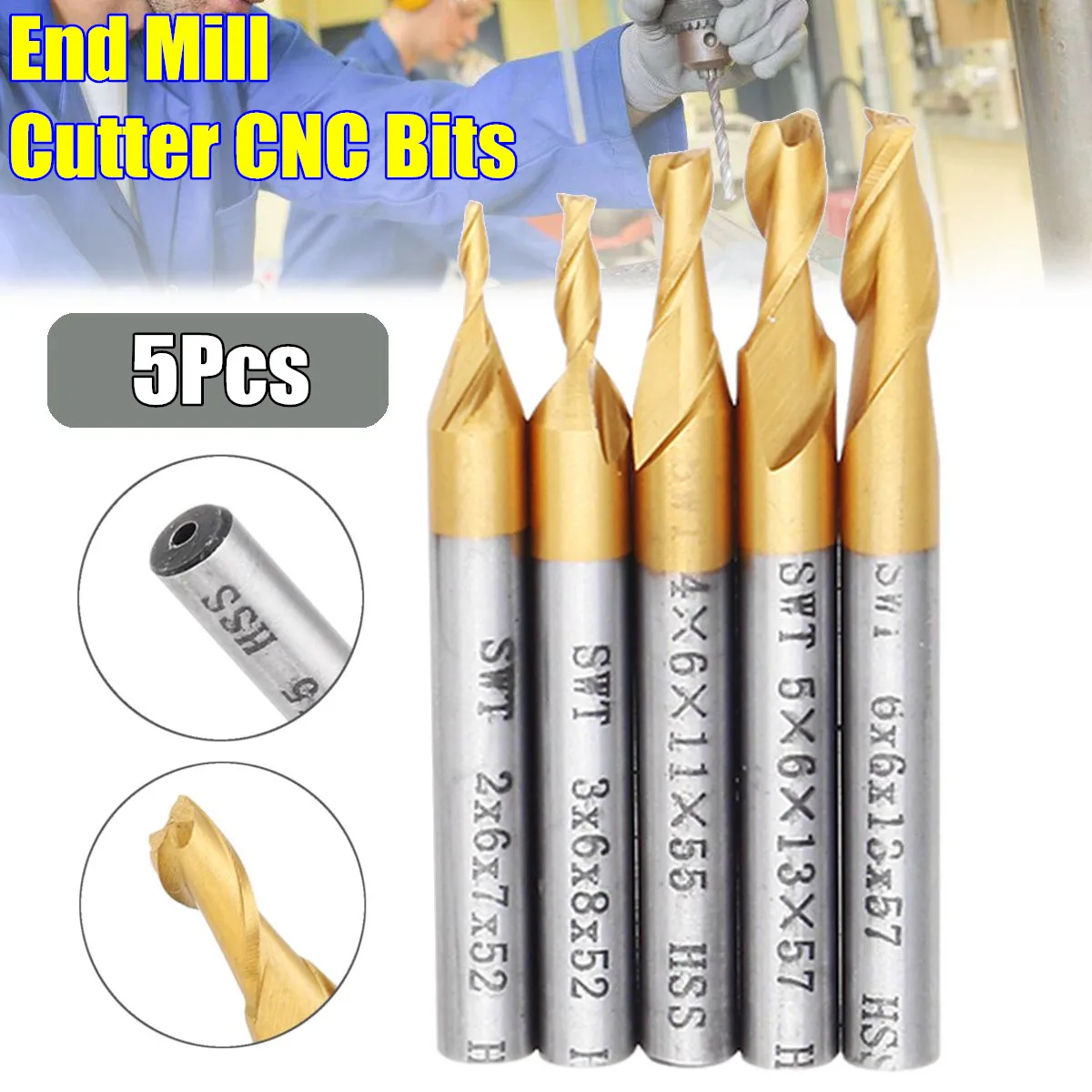 

5pcs Milling Cutter Cnc Bits 2 Flute 2/3/4/5/6mm HSS Titanium Coated 6mm Shank End Mill Engraving Drill Bit Tool
