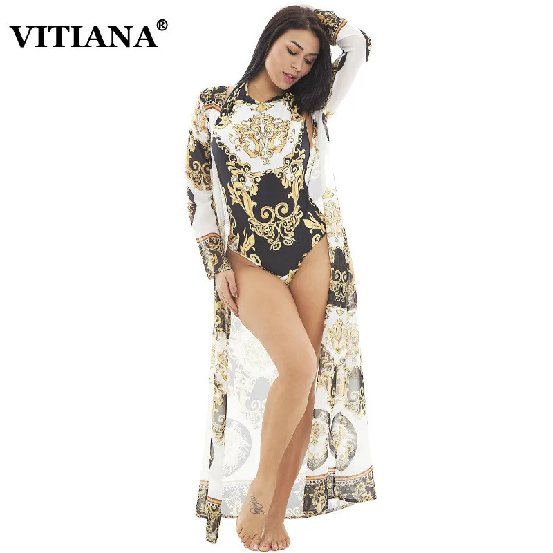 

VITIANA Women Summer 2 Pieces Sets Beach Bodysuit 2019 Female Print Vintage Elegant Bodysuits Ladies Sunshine Sexy Swimsuit